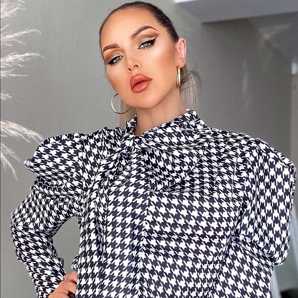 Houndstooth Bow Satin Top